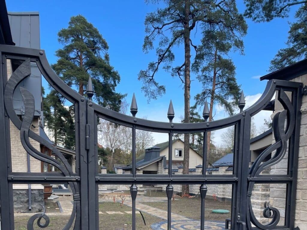 Decorative metal fence with blue accent on suburban property