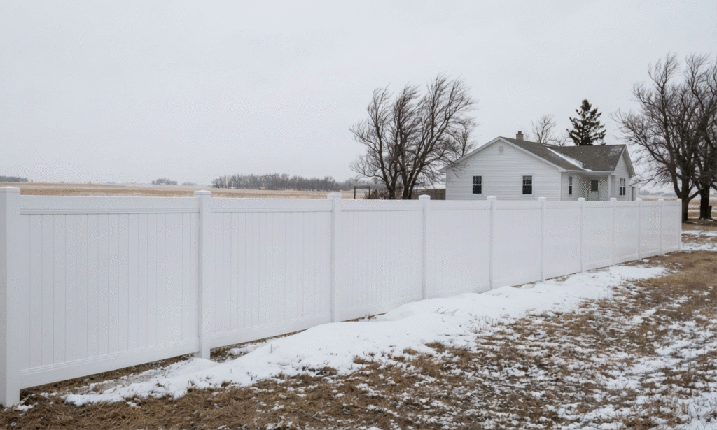 A realistic photo of a white vinyl privacy fence in a windy, open North Dakota lot