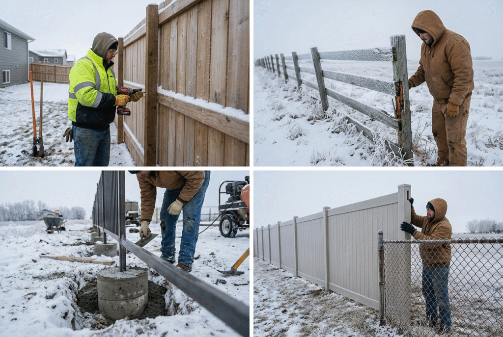 Create a series of highly realistic, documentary-style images illustrating a detailed guide to choosing, installing, and maintaining fences in a cold, windy North Dakota climate.