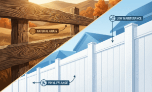 A professional infographic comparing two types of fences: on the left, a wooden fence with visible growth rings and warm lighting accentuating its natural texture; on the right, a clean and flawless vinyl fence with neutral lighting