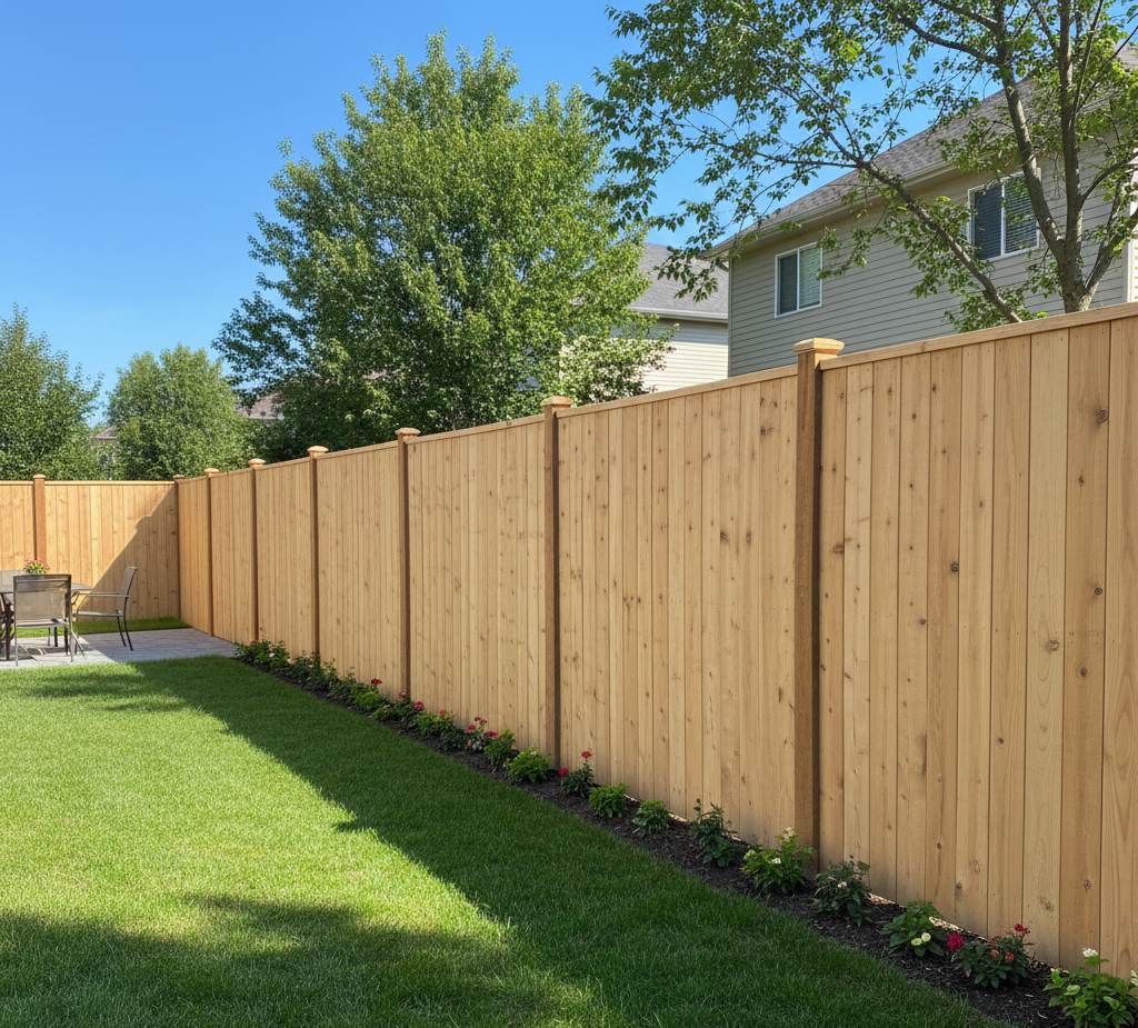 Wide photograph of a tall privacy fence in excellent condition, providing complete backyard security and privacy