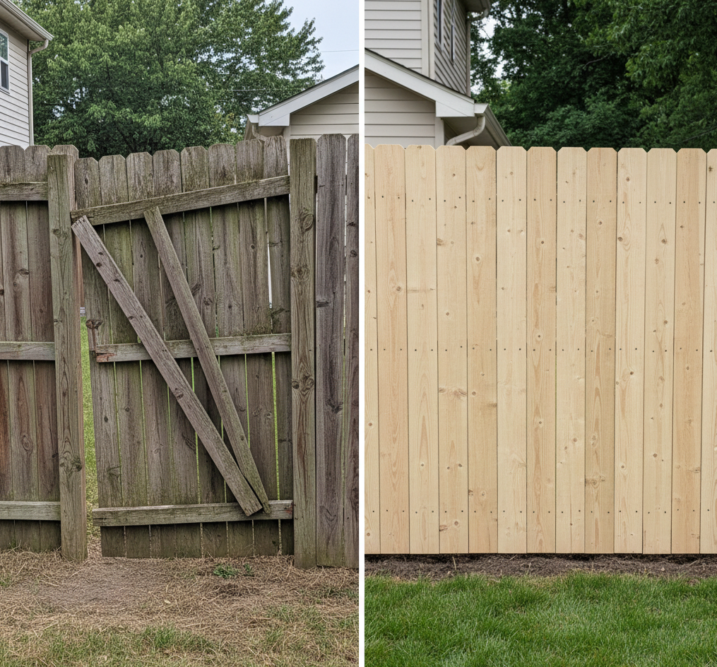 Split-screen comparison photograph showing old deteriorated fence on left side and brand new replacement fence on right side