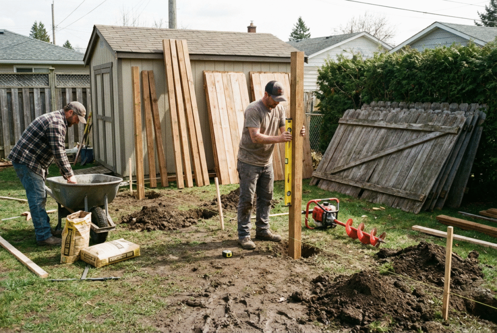 Realistic documentary-style hero photo: suburban backyard with boundary marking strings and stakes, several freshly dug post holes with neat soil piles