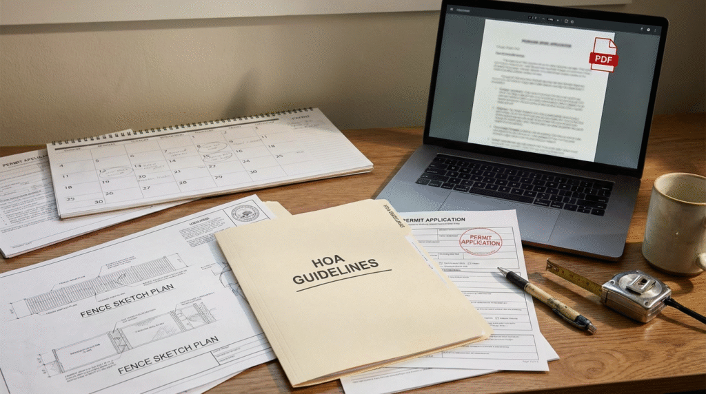 Realistic home office workspace, featuring fence sketch plans and printed permit forms casually spread across the desk, evoking a sense of organized chaos.