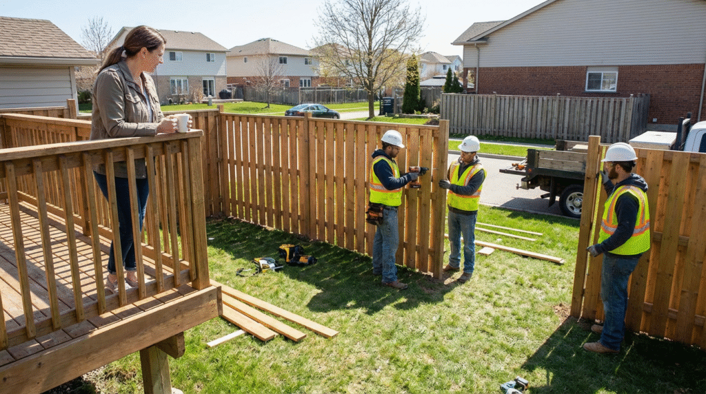 Realistic photo capturing a suburban backyard scene, a homeowner stands calmly on a wooden patio or deck, overseeing a fence installation crew at work in the yard below.