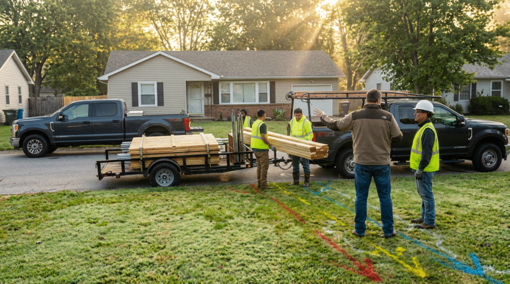 Early morning in an American suburban backyard, fence installation crew arriving with branded pickup trucks and a small flatbed carrying fence panels and posts