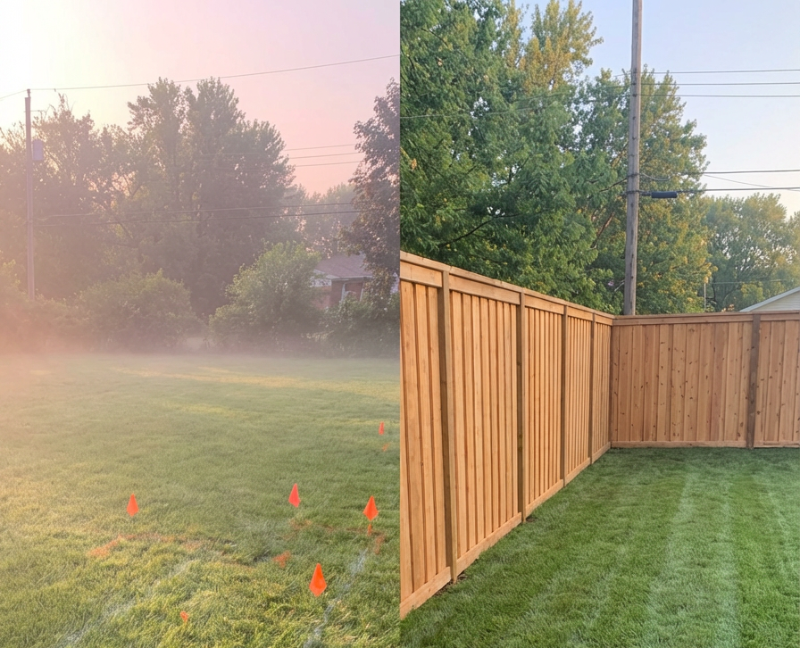 Realistic before-and-after style photo composition (split frame): left side — open backyard with temporary markers, no fence; right side — same yard with a new wooden privacy fence installed, lawn slightly disturbed but raked.