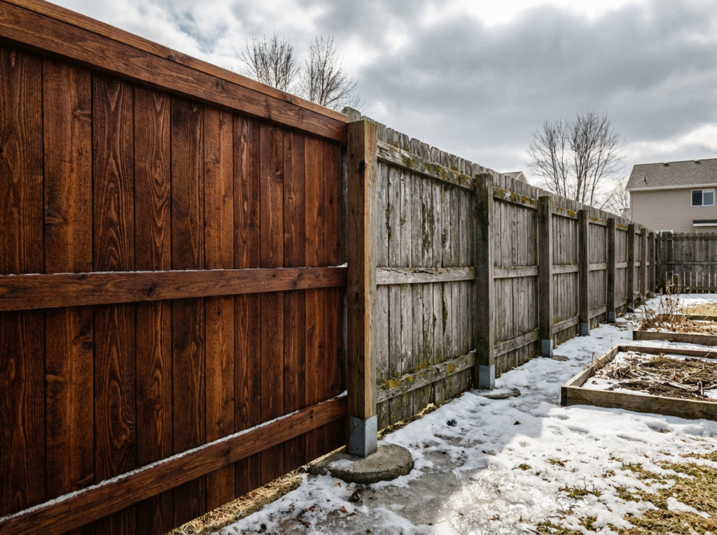 A highly realistic photo of a wooden privacy fence in a North Dakota suburban backyard