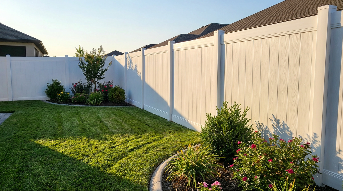 A realistic and beautiful new vinyl fence basking in bright daylight, highlighting realistic colors
