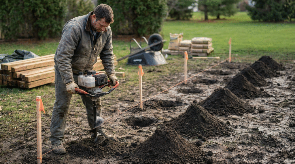 Photorealistic image of a weary worker laboriously digging a post hole with a manual auger and shovel.