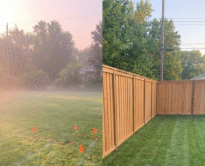 Realistic before-and-after style photo composition (split frame): left side — open backyard with temporary markers, no fence; right side — same yard with a new wooden privacy fence installed, lawn slightly disturbed but raked.