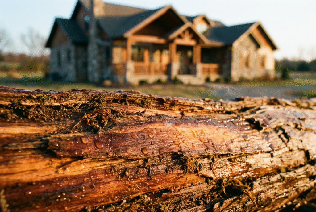 Close-up of high-quality cedar wood texture, with water droplets highlighting the natural grain under warm, golden-hour lighting.