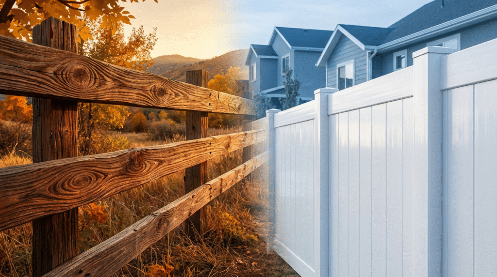 Photorealistic comparison of two fences, wooden fence on the left with visible growth rings and warm, golden lighting to highlight its texture, and on the right, a vinyl fence