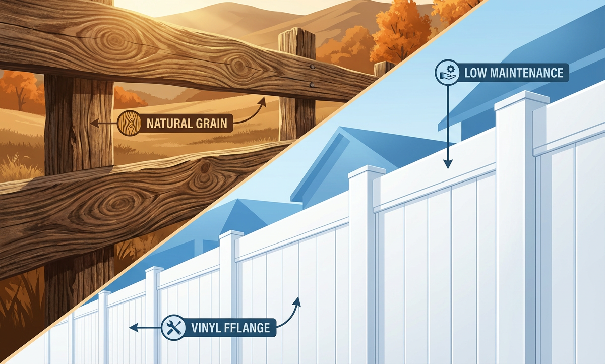 A professional infographic comparing two types of fences: on the left, a wooden fence with visible growth rings and warm lighting accentuating its natural texture; on the right, a clean and flawless vinyl fence with neutral lighting