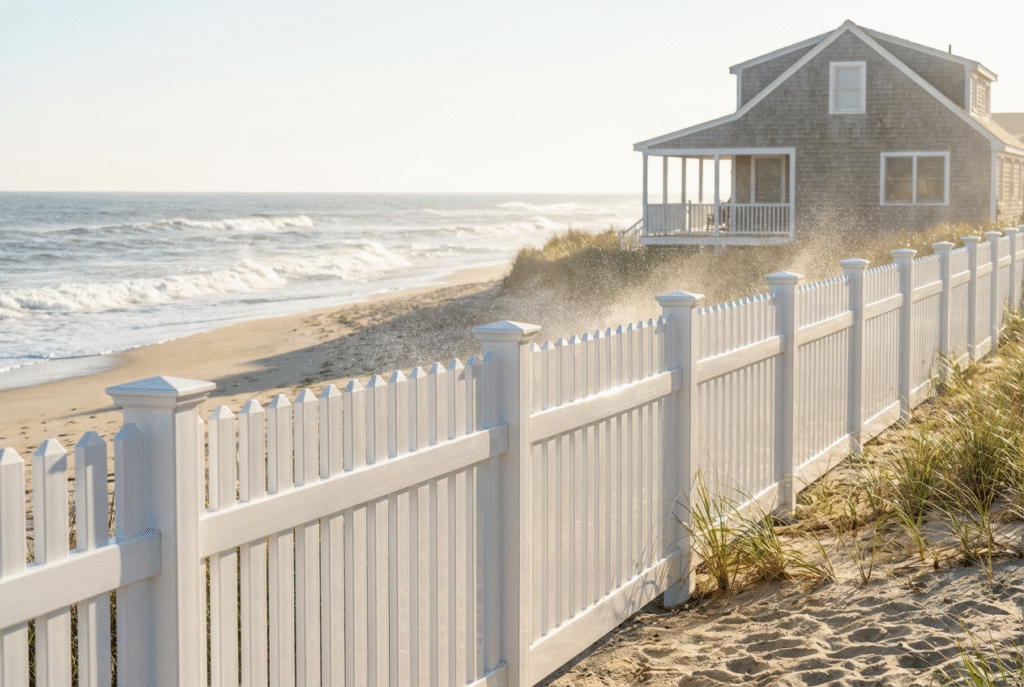 Photorealistic vinyl fence in a coastal setting, featuring crisp, defect-free lines under bright, contrasting light