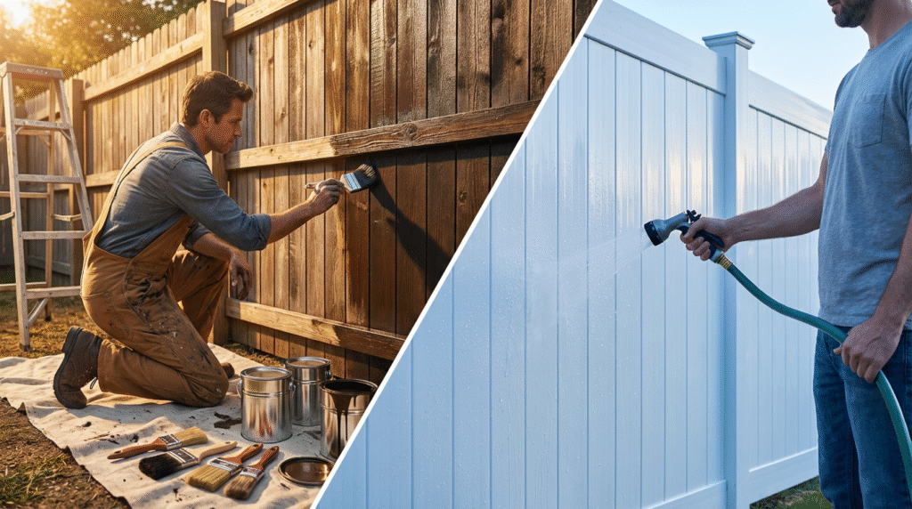 Photorealistic composition split diagonally: left side shows a person meticulously painting and sealing a wooden fence, surrounded by brushes, paint canisters, and a ladder; warm, cozy lighting highlights the effort and dedication; right side shows a person effortlessly washing a vinyl panel with a hose, framed by cool, effortless lighting;