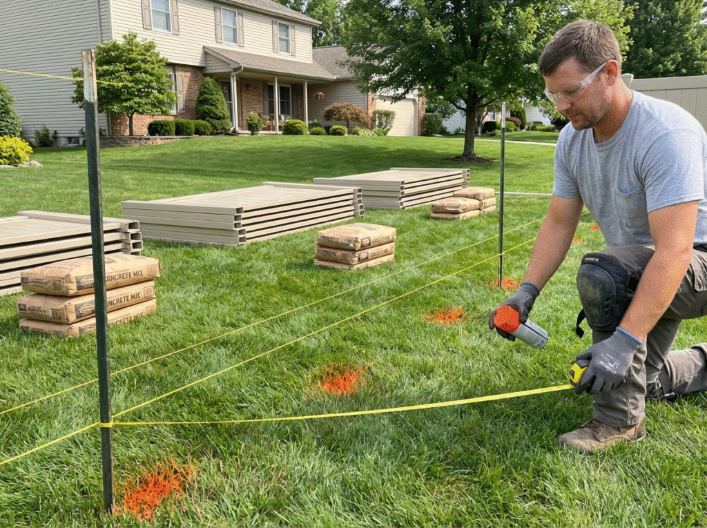 Realistic ground-level photo of a professional fence installer marking a straight fence line in a backyard