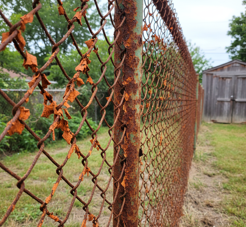 Detailed photograph of a metal fence with severe rust damage