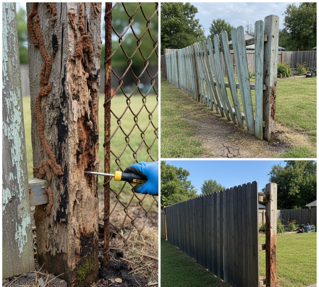 Close-up photo of a severely damaged wooden fence post showing advanced rot and decay